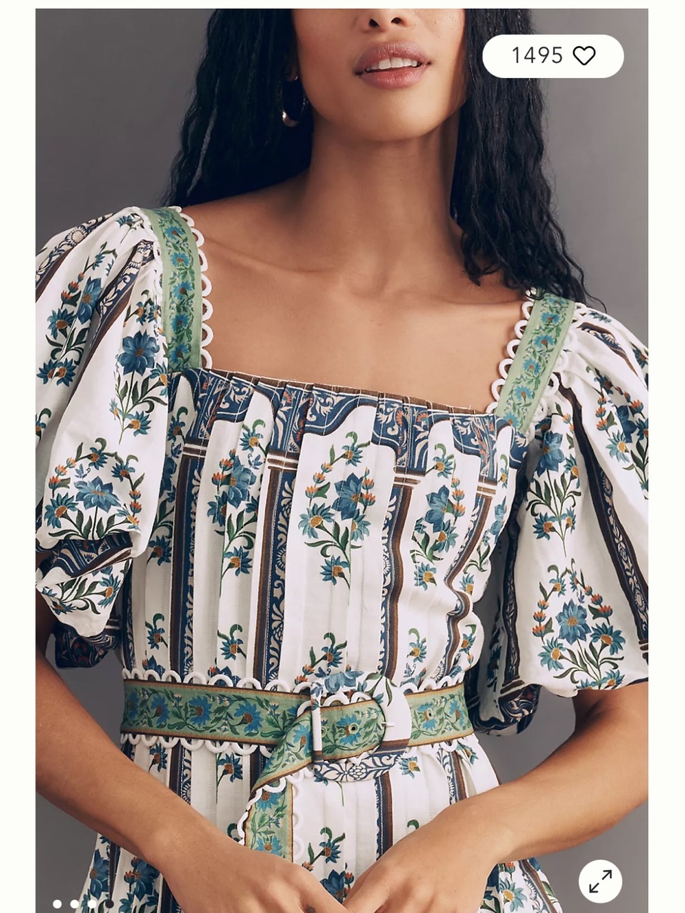 FARM Rio White Mandela Floral Puff-Sleeve Mini Dress with Blue and Green Print - Picture 4 of 7